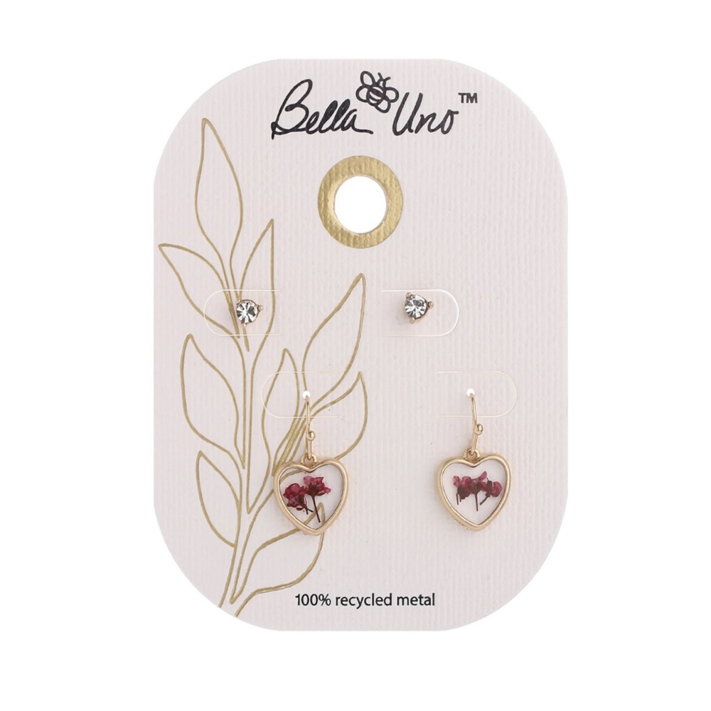New- Bella Uno Worn Gold Cubic Zirconia Stud & Pink Pressed Flower Heart Dangle